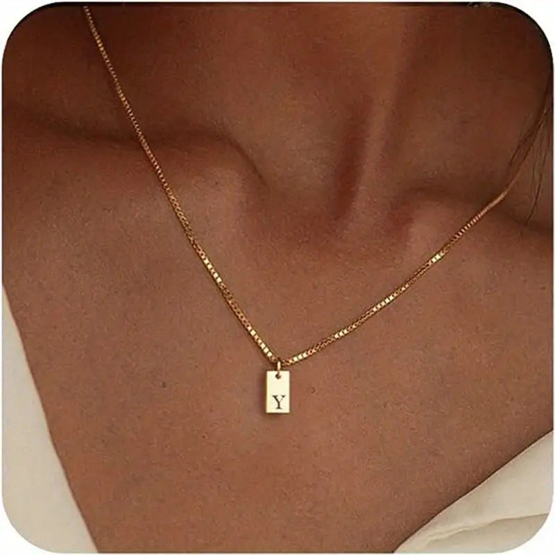 Stainless Steel Corrosion Carved 26 Letters Square Pendant Women's Necklace - FASHIONKULTUR