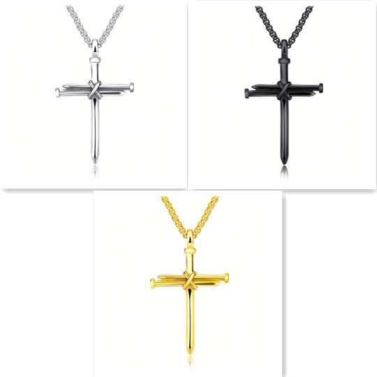 Steel Gold Black Color Fashion Mens Iron Nail Cross Pendant Necklace Stainless Steel 3mm Round Box Chain Jewelry Gift For Men - FASHIONKULTUR