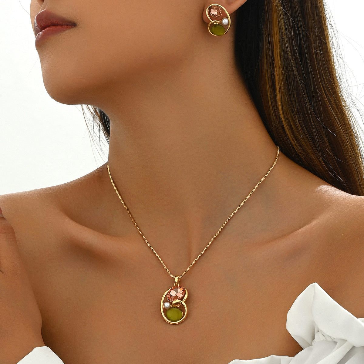 Earrings And Necklace Set Inlaid Gem Long - FASHIONKULTUR