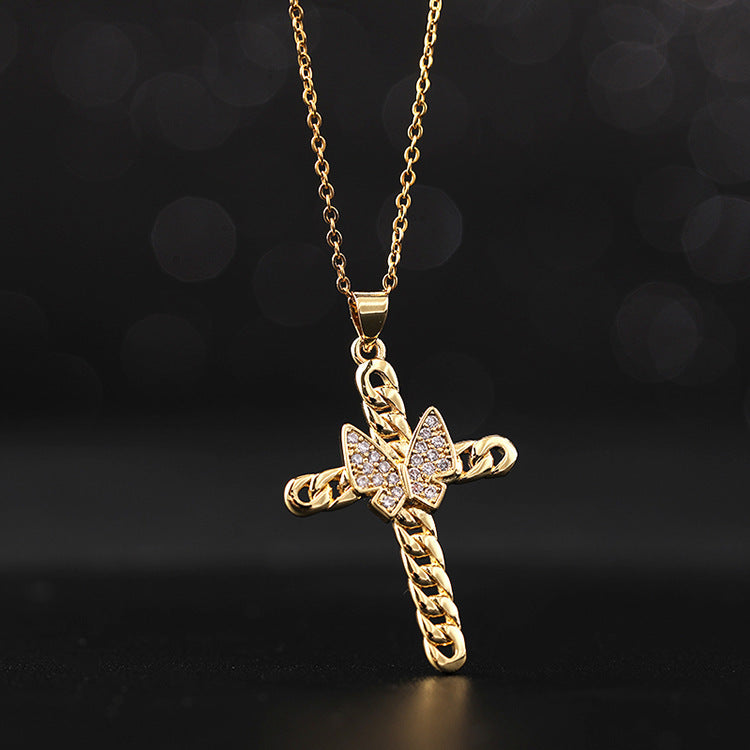 Gold Plated Titanium Steel Chain Golden Butterfly Cross Pendant Necklace - FASHIONKULTUR