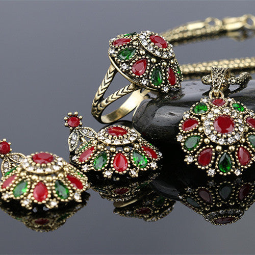 Antique Wedding Necklace Ring Earring Jewelry Set - FASHIONKULTUR