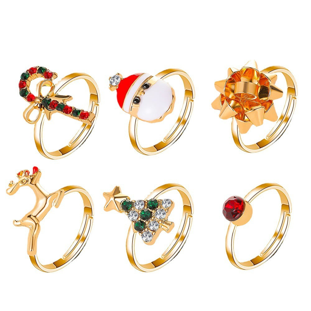 6pcs Santa Claus Christmas Tree Elk Rings Cute Cartoon Christmas Open Adjustable Ring Oil Drop Jewelry - FASHIONKULTUR