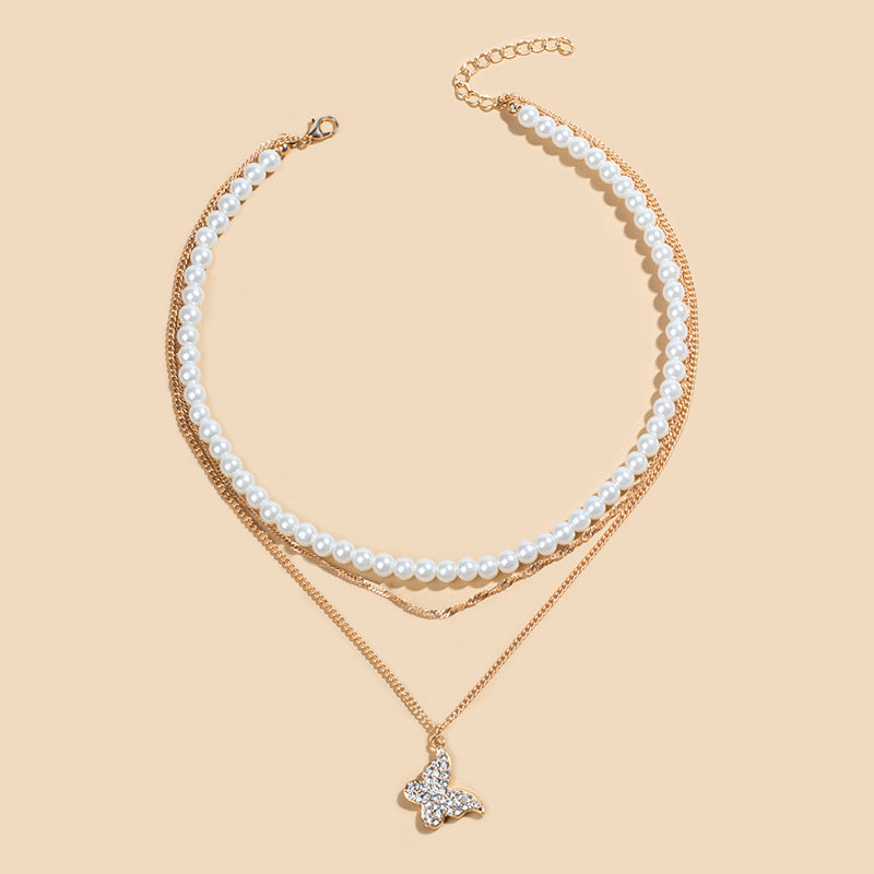 Exquisite Butterfly Multi-layer Pearl Pendant Necklace Set Women Shining Temperament Girlfriend Party Gift Fashion Jewelry - FASHIONKULTUR
