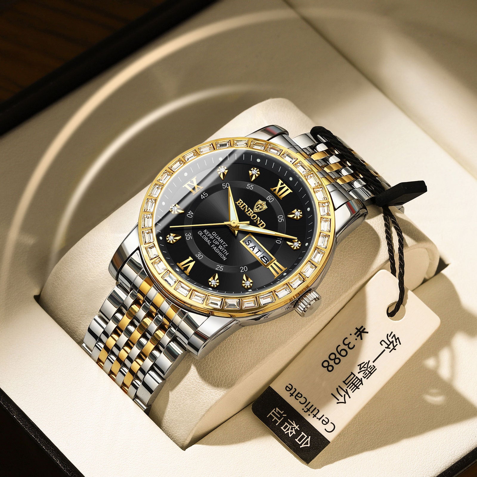 Business Diamond-embedded Mechanical Watch Double Calendar Waterproof Luminous - FASHIONKULTUR