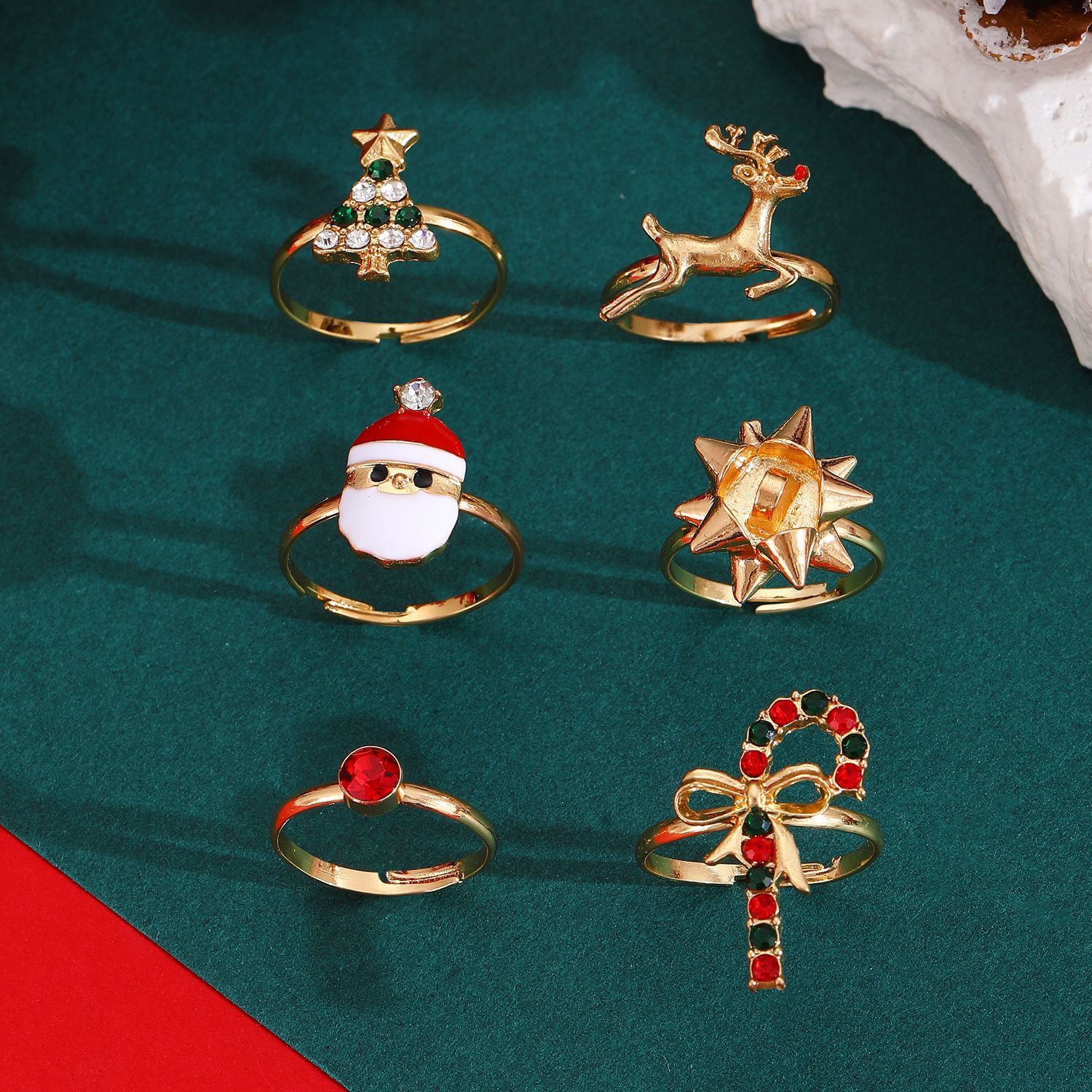 6pcs Santa Claus Christmas Tree Elk Rings Cute Cartoon Christmas Open Adjustable Ring Oil Drop Jewelry - FASHIONKULTUR