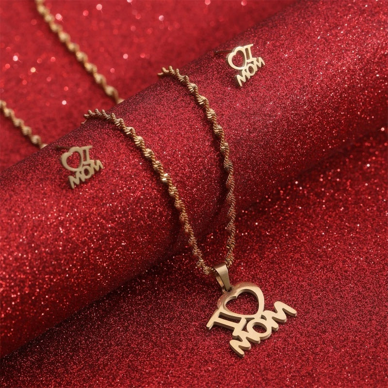 Jewelry Set Stainless Steel I Love Mom Mama Love Heart Pendant Necklace Earrings Thanksgiving Gift - FASHIONKULTUR