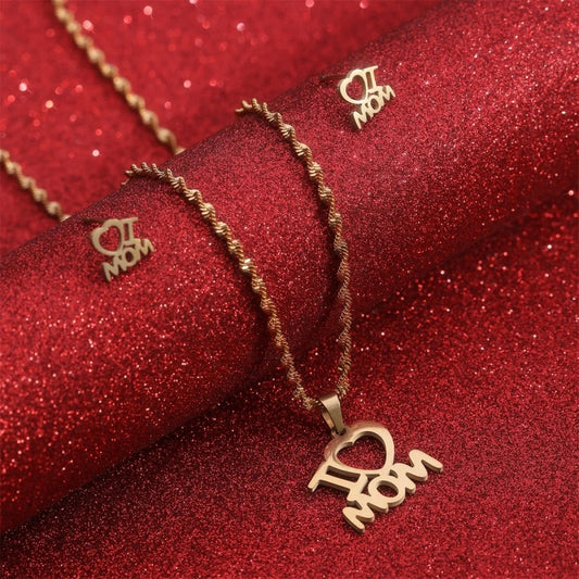 Jewelry Set Stainless Steel I Love Mom Mama Love Heart Pendant Necklace Earrings Thanksgiving Gift - FASHIONKULTUR