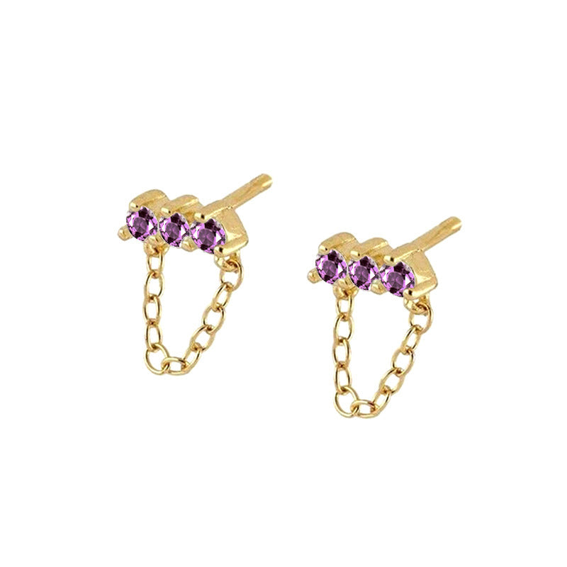 Sterling Silver Needle Simple Three Zircon Hanging Ear Chain Earrings - FASHIONKULTUR