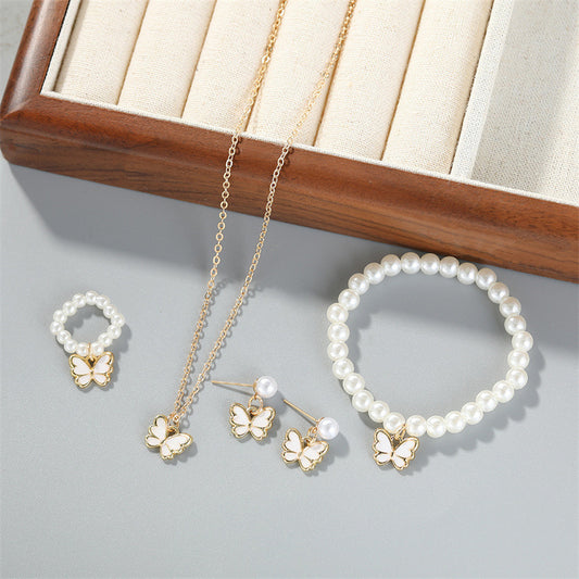 Pearl Ornament Butterfly Necklace For Women Bracelet Ring Earrings Suit - FASHIONKULTUR