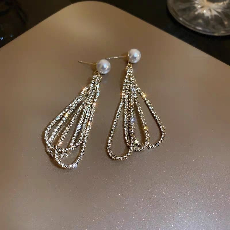 Drop-shaped Full Diamond Pearl Earrings Long Tassel Earrings - FASHIONKULTUR