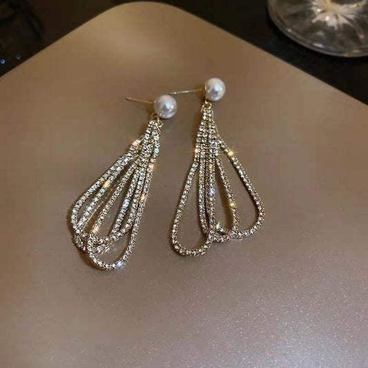Drop-shaped Full Diamond Pearl Earrings Long Tassel Earrings - FASHIONKULTUR