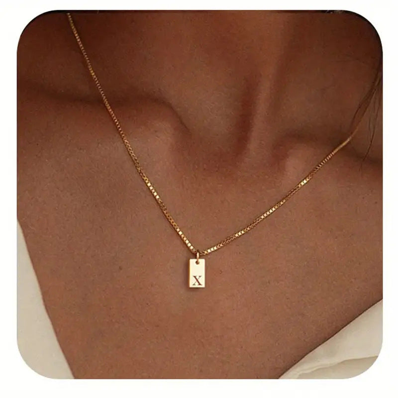 Stainless Steel Corrosion Carved 26 Letters Square Pendant Women's Necklace - FASHIONKULTUR
