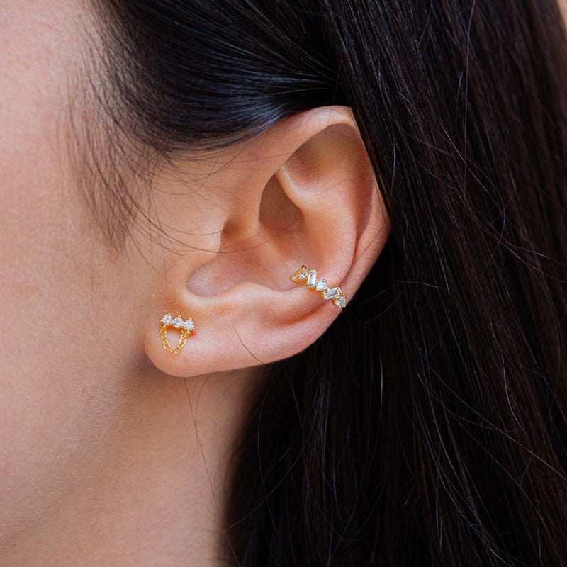 Sterling Silver Needle Simple Three Zircon Hanging Ear Chain Earrings - FASHIONKULTUR