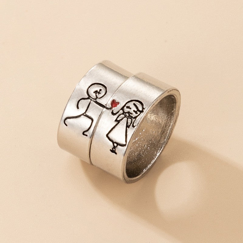 Cartoon Love Pair Ring Set With Geometric Letters - FASHIONKULTUR