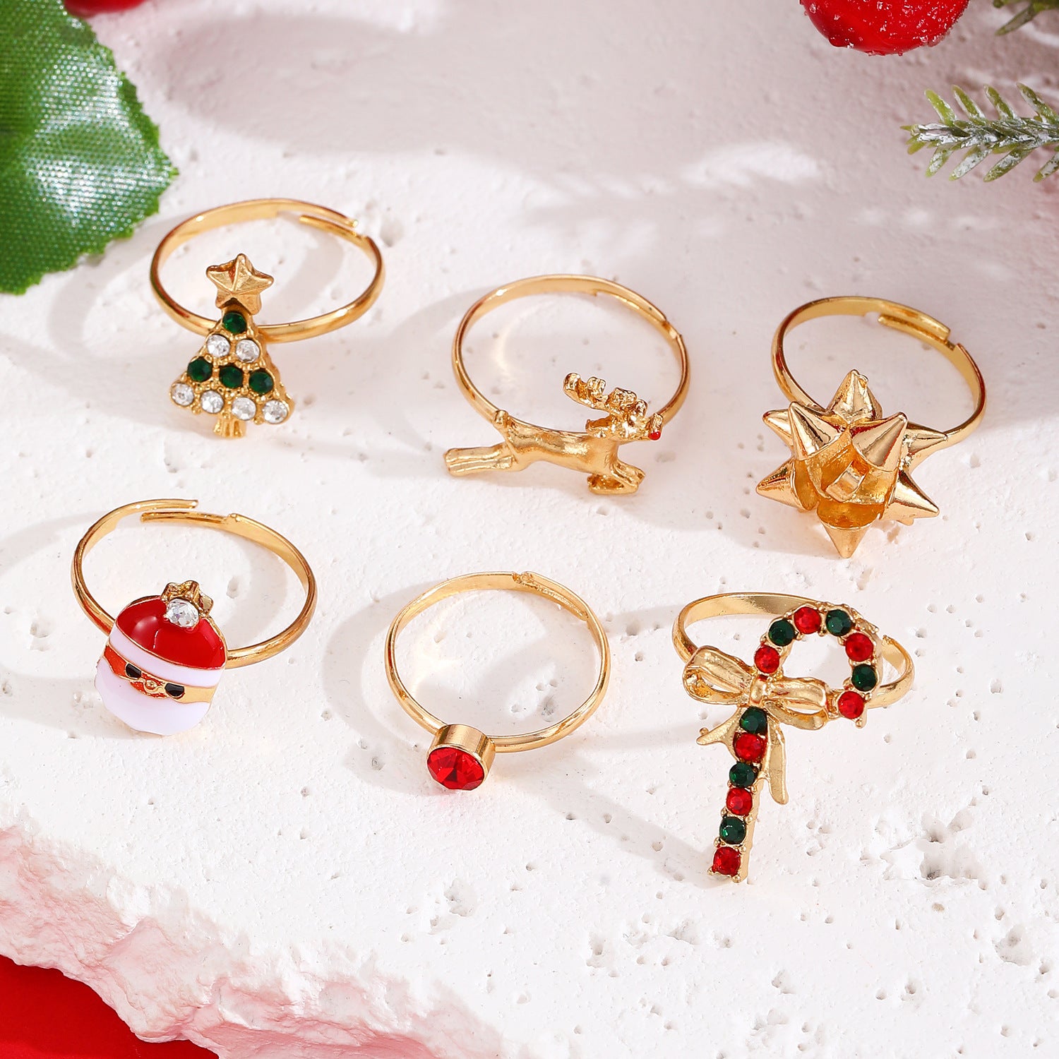 6pcs Santa Claus Christmas Tree Elk Rings Cute Cartoon Christmas Open Adjustable Ring Oil Drop Jewelry - FASHIONKULTUR