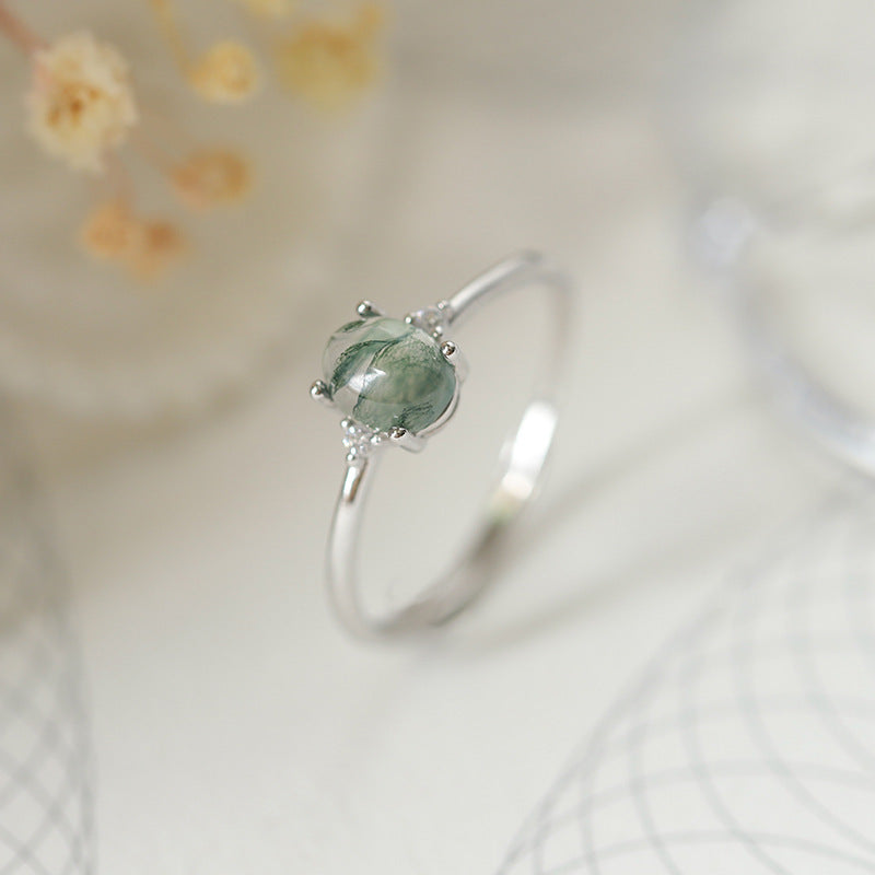 S925 Silver Green Moss Ring Water Plants Agate Female Finger Ring - FASHIONKULTUR