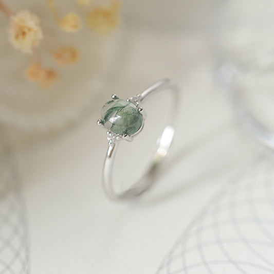 S925 Silver Green Moss Ring Water Plants Agate Female Finger Ring - FASHIONKULTUR