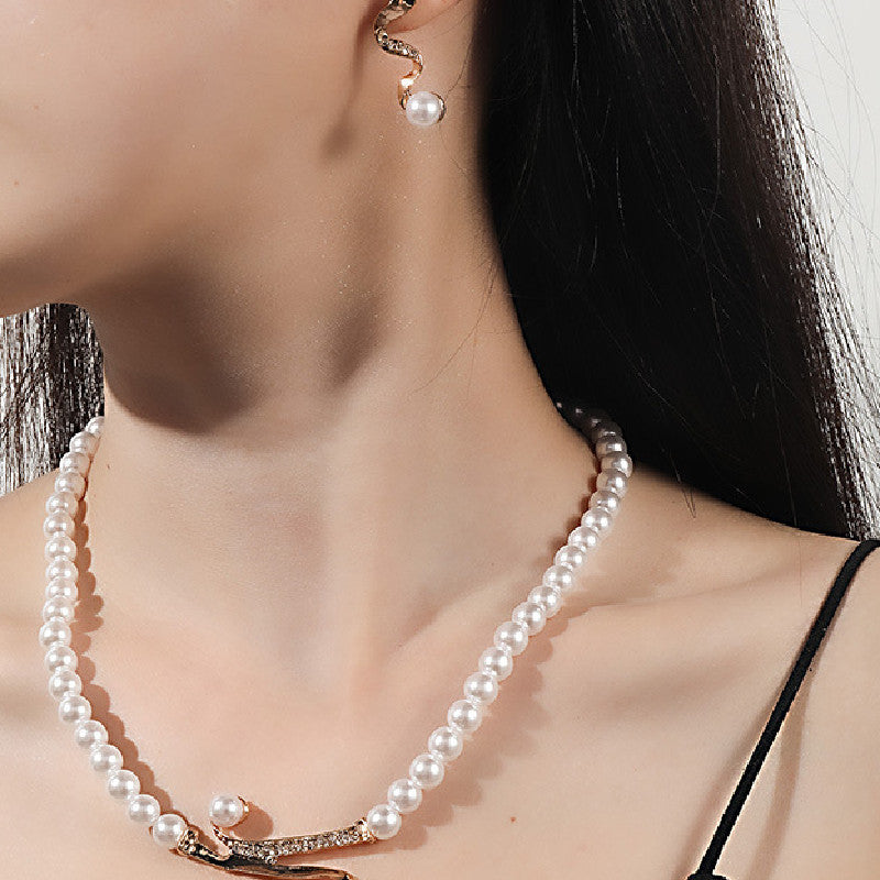 Fashion Pearl Diamond-studded Necklace Earrings Pendant 2-piece Set - FASHIONKULTUR