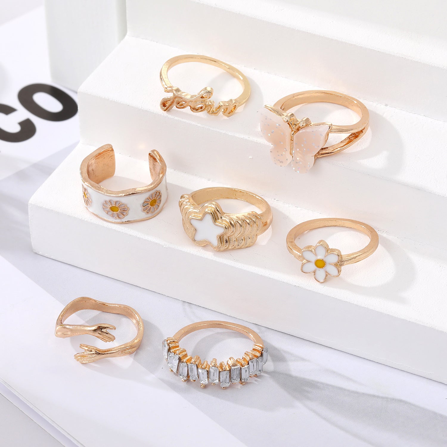 New Butterfly Star Diamond Daisy Flower Oil Drip Ring Set - FASHIONKULTUR