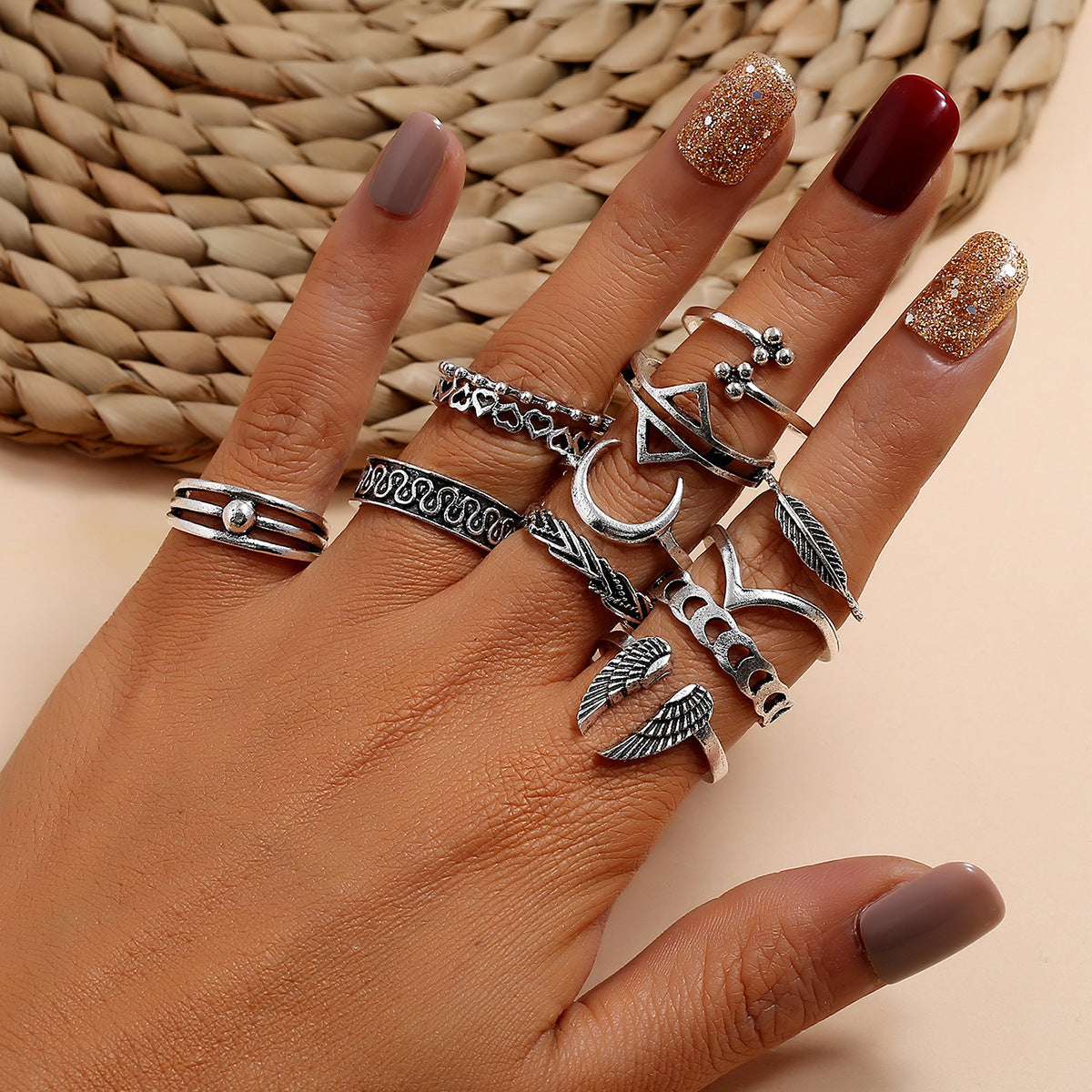 Retro Wings Triangle Moon Geometry Twelve Piece Set Ring - FASHIONKULTUR