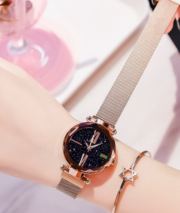 Luxury Women Watches Mesh Ladies Clock Magnet Buckle Starry Diamond Geometric Surface Quartz Wristwatch - FASHIONKULTUR