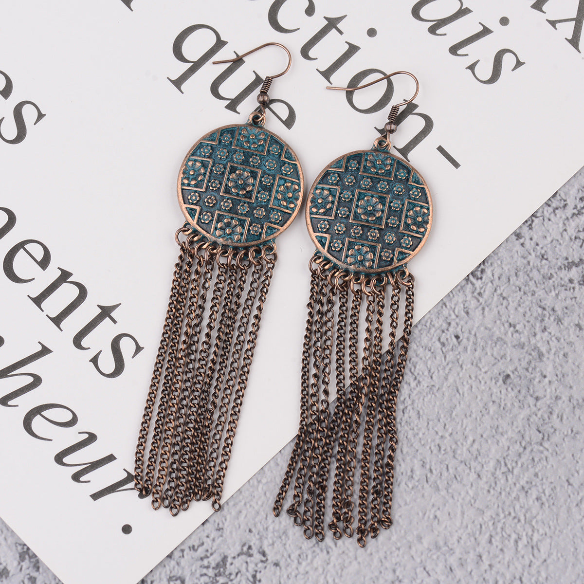 Chinese Retro Ethnic Style Exaggerated And Personalized Totem Pattern Creative Alloy Long Fringe Earrings - FASHIONKULTUR