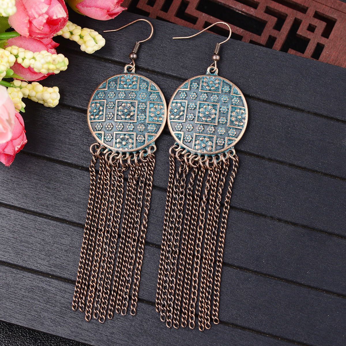 Chinese Retro Ethnic Style Exaggerated And Personalized Totem Pattern Creative Alloy Long Fringe Earrings - FASHIONKULTUR