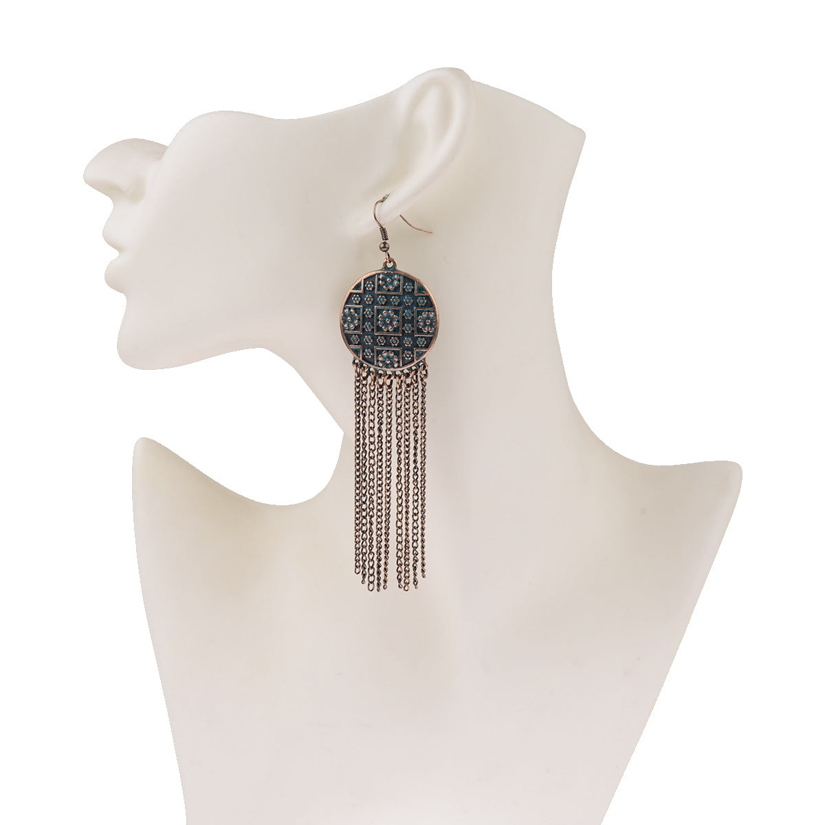 Chinese Retro Ethnic Style Exaggerated And Personalized Totem Pattern Creative Alloy Long Fringe Earrings - FASHIONKULTUR