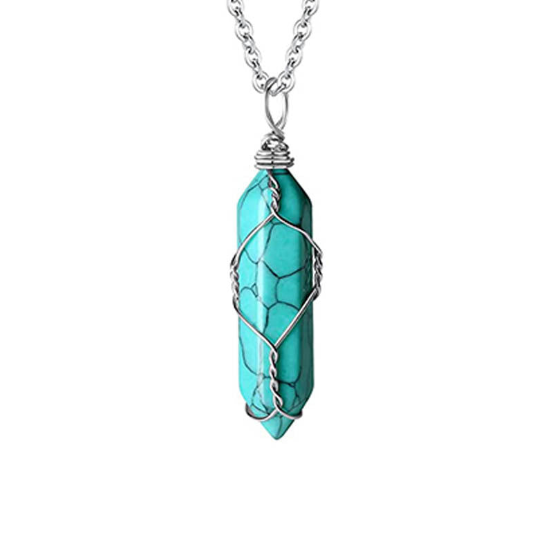 Natural Stone Amethyst Necklace Hexagon Prism Bullet Pendant Moonstone Wire Winding Pendant - FASHIONKULTUR