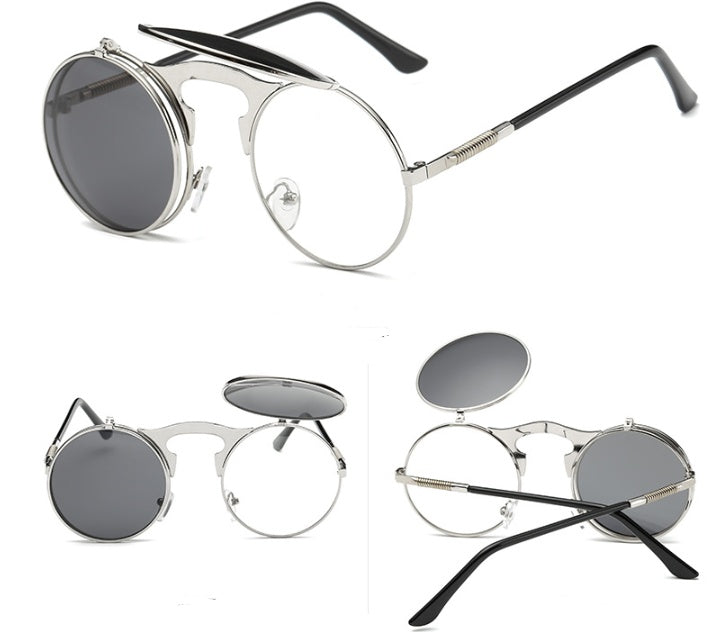New Vintage Round Steampunk Sunglasses Flip-Up UV Protection Metal Frame Men And Women Summer Cycling Sun Glasses - FASHIONKULTUR
