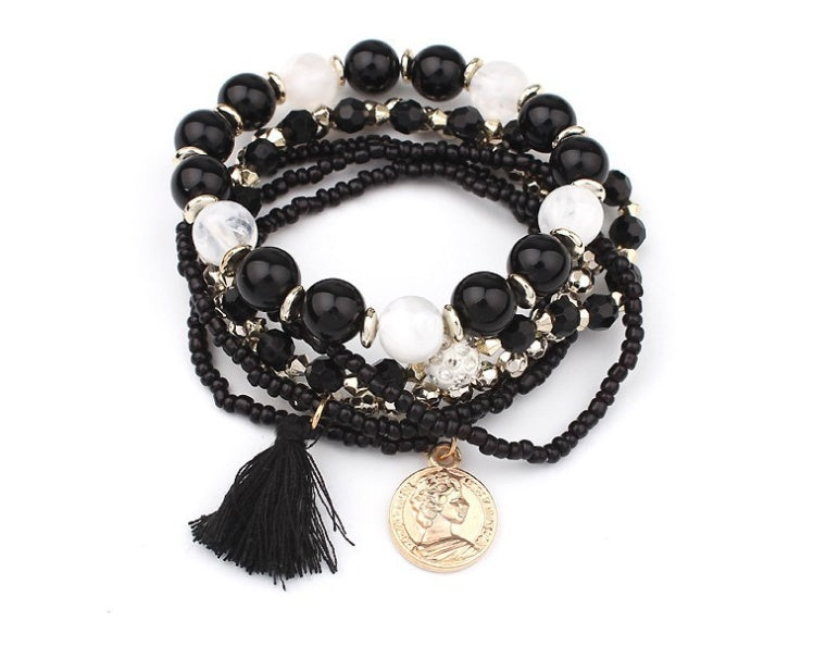 Bohemian head coin mixed color rice beads multi-layer bracelet tassel multi-layer elastic bracelet - FASHIONKULTUR