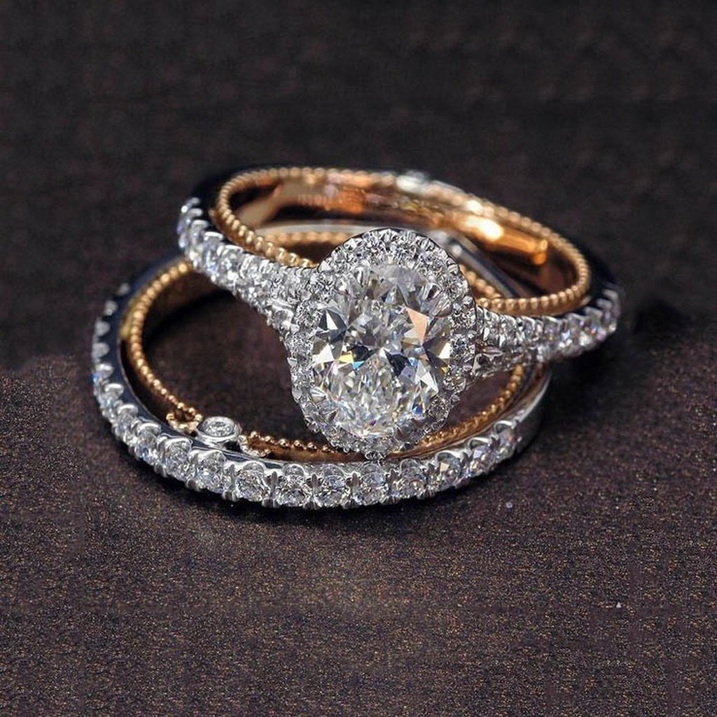 Genuine 925 Sterling Silver Rings Set Luxury Oval White Sapphire Two Tone 14K Solid Rose Gold Diamond Jewelry Anniversary Propos - FASHIONKULTUR