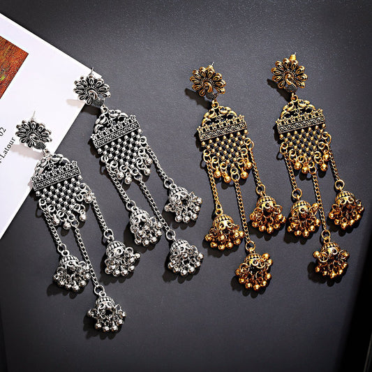Bohemian Ethnic Earrings Retro Nostalgic Hollow Bell Long Earrings - FASHIONKULTUR