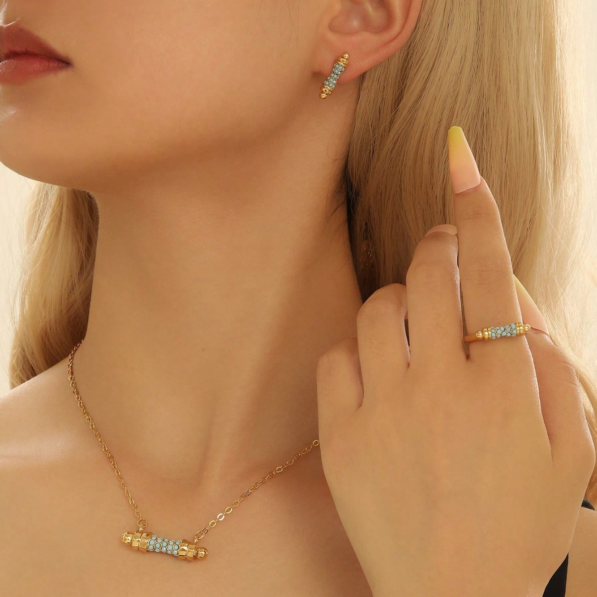 Index Finger Ring Necklace And Earring Suit Acrylic Inlaid - FASHIONKULTUR