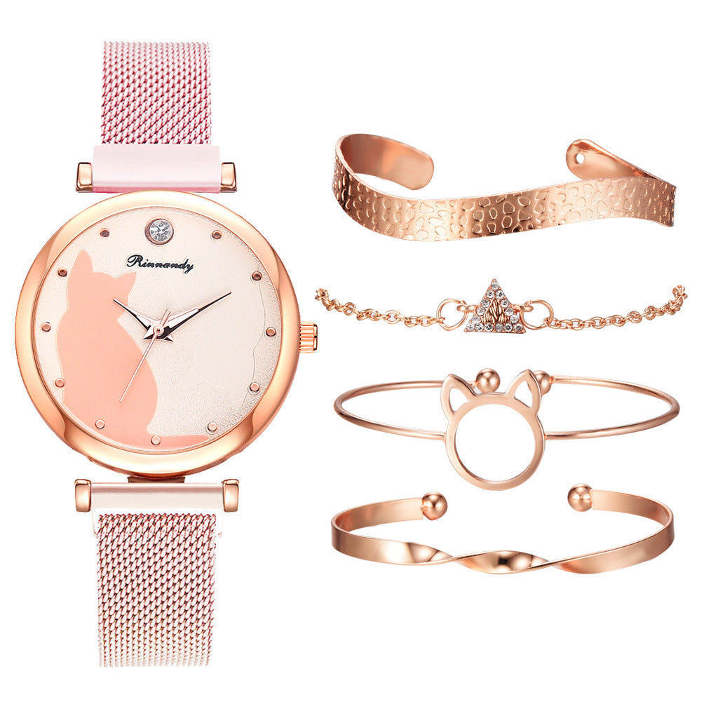 Women's cat watch bracelet set - FASHIONKULTUR