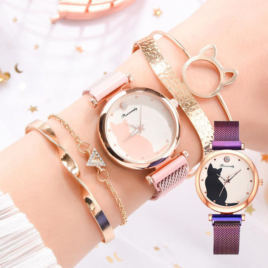 Women's cat watch bracelet set - FASHIONKULTUR
