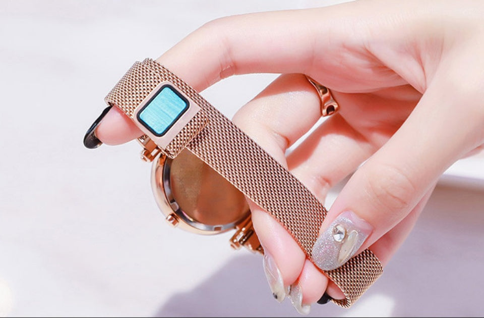 Luxury Women Watches Mesh Ladies Clock Magnet Buckle Starry Diamond Geometric Surface Quartz Wristwatch - FASHIONKULTUR