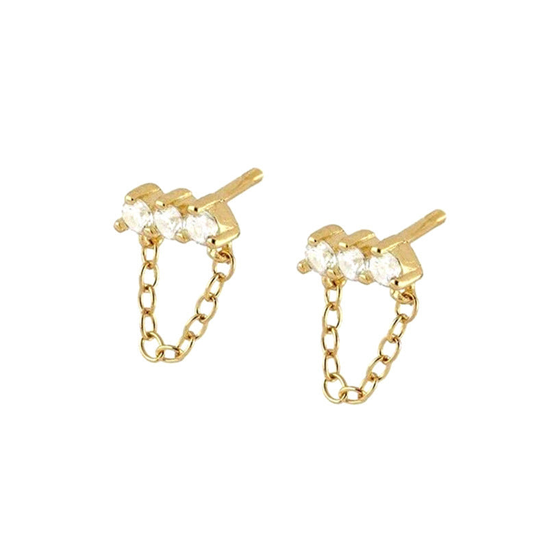 Sterling Silver Needle Simple Three Zircon Hanging Ear Chain Earrings - FASHIONKULTUR