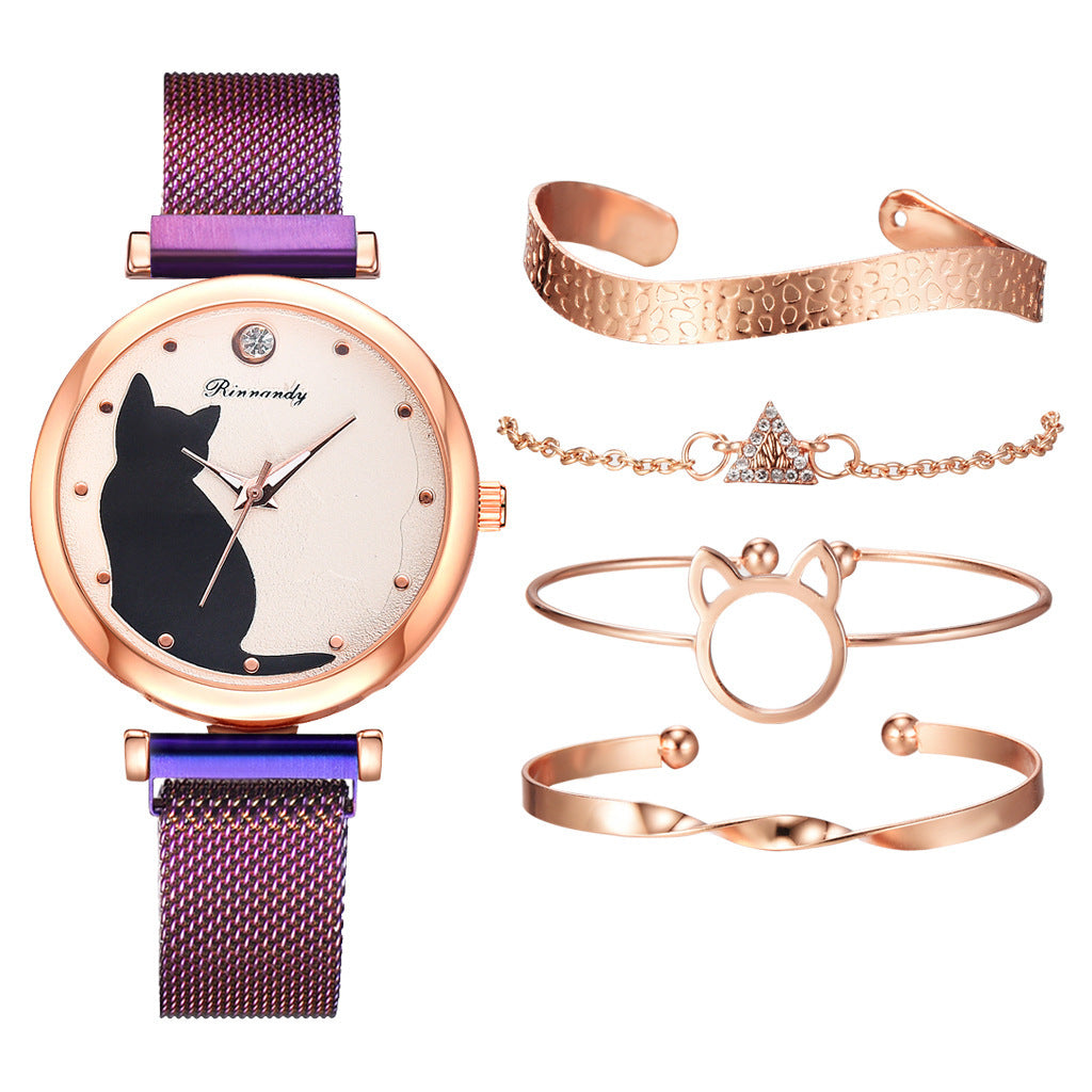 Women's cat watch bracelet set - FASHIONKULTUR