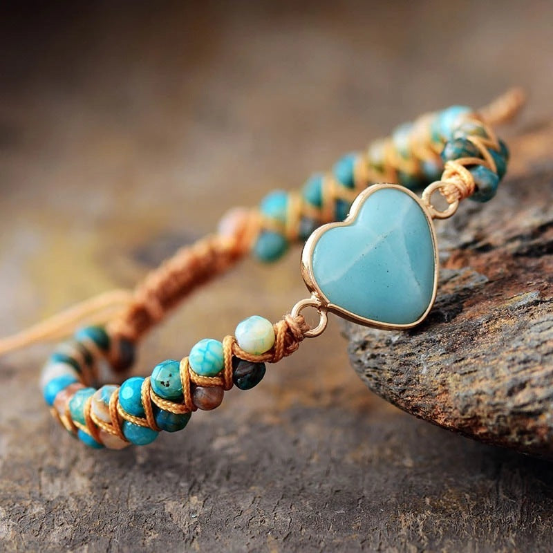 Classic Heart Shape Charm Bracelets Amazonite String Braided Macrame Wristband Teengirls Wrap Bracelet Femme Women Jewelry - FASHIONKULTUR