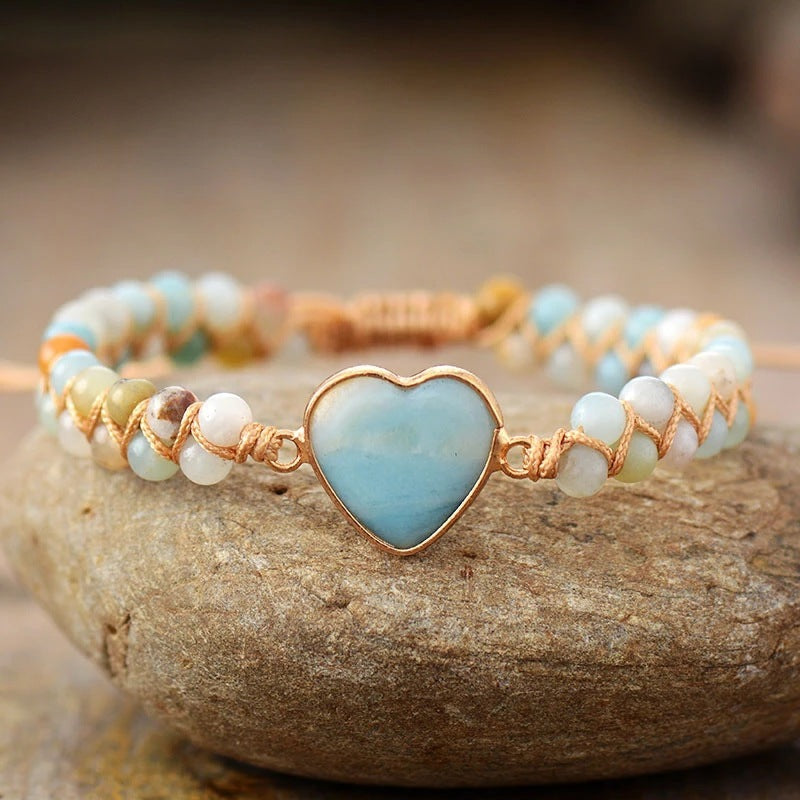 Classic Heart Shape Charm Bracelets Amazonite String Braided Macrame Wristband Teengirls Wrap Bracelet Femme Women Jewelry - FASHIONKULTUR