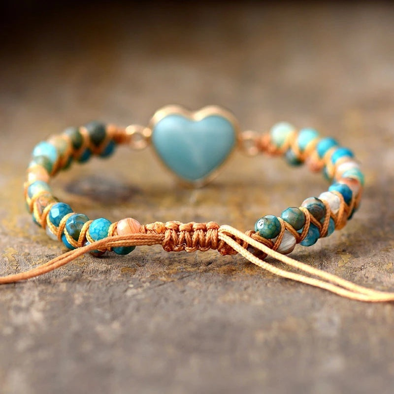Classic Heart Shape Charm Bracelets Amazonite String Braided Macrame Wristband Teengirls Wrap Bracelet Femme Women Jewelry - FASHIONKULTUR