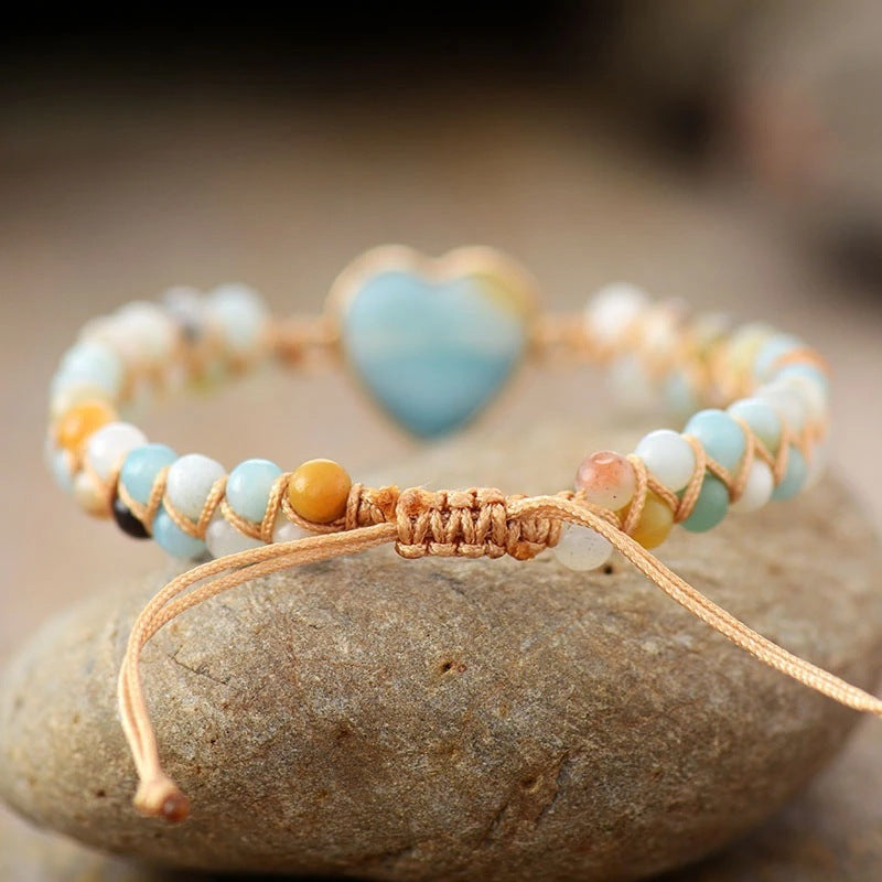 Classic Heart Shape Charm Bracelets Amazonite String Braided Macrame Wristband Teengirls Wrap Bracelet Femme Women Jewelry - FASHIONKULTUR
