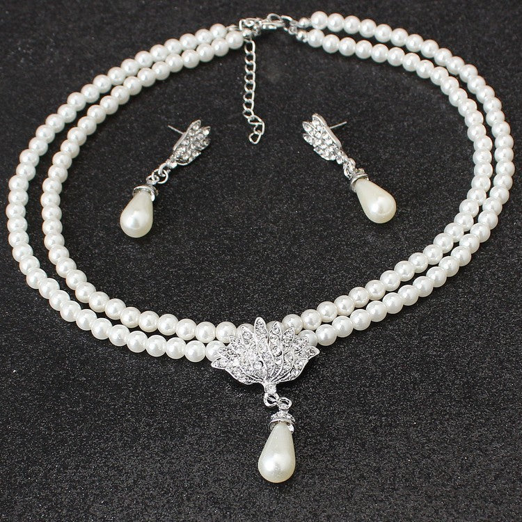 European And American Jewelry Bride Pearl Crystal With Short Collarbone Neck Necklace Set Earrings Korean Version Temperament - FASHIONKULTUR
