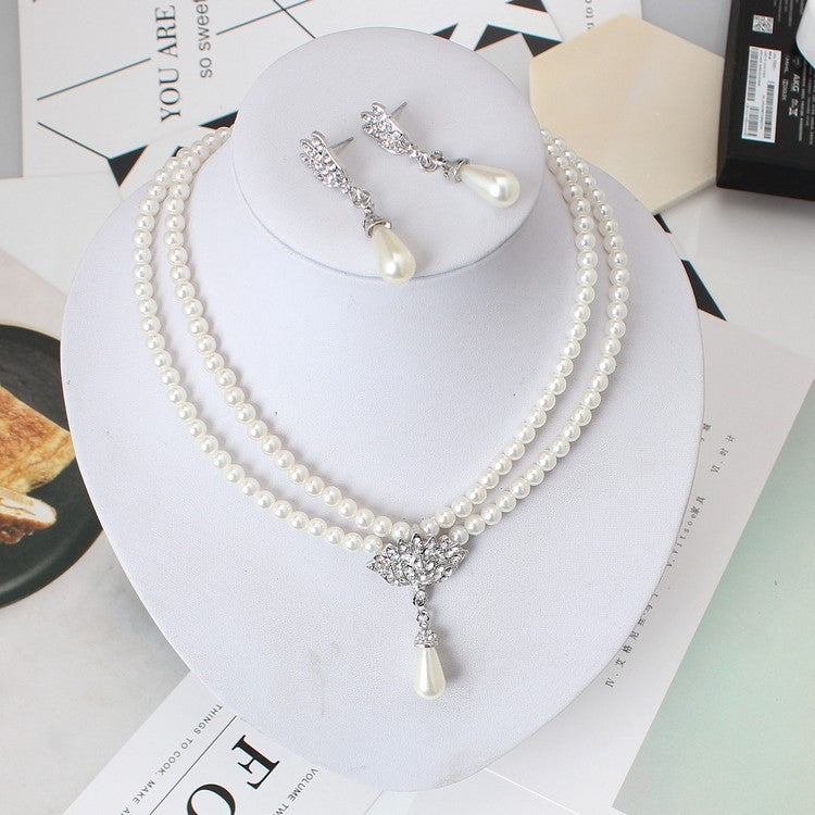 European And American Jewelry Bride Pearl Crystal With Short Collarbone Neck Necklace Set Earrings Korean Version Temperament - FASHIONKULTUR