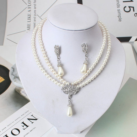 European And American Jewelry Bride Pearl Crystal With Short Collarbone Neck Necklace Set Earrings Korean Version Temperament - FASHIONKULTUR
