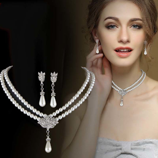 European And American Jewelry Bride Pearl Crystal With Short Collarbone Neck Necklace Set Earrings Korean Version Temperament - FASHIONKULTUR