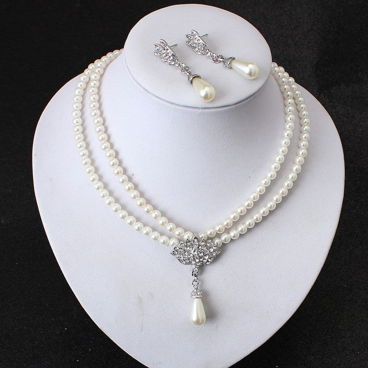 European And American Jewelry Bride Pearl Crystal With Short Collarbone Neck Necklace Set Earrings Korean Version Temperament - FASHIONKULTUR