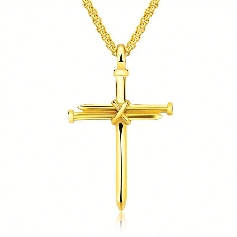 Steel Gold Black Color Fashion Mens Iron Nail Cross Pendant Necklace Stainless Steel 3mm Round Box Chain Jewelry Gift For Men - FASHIONKULTUR