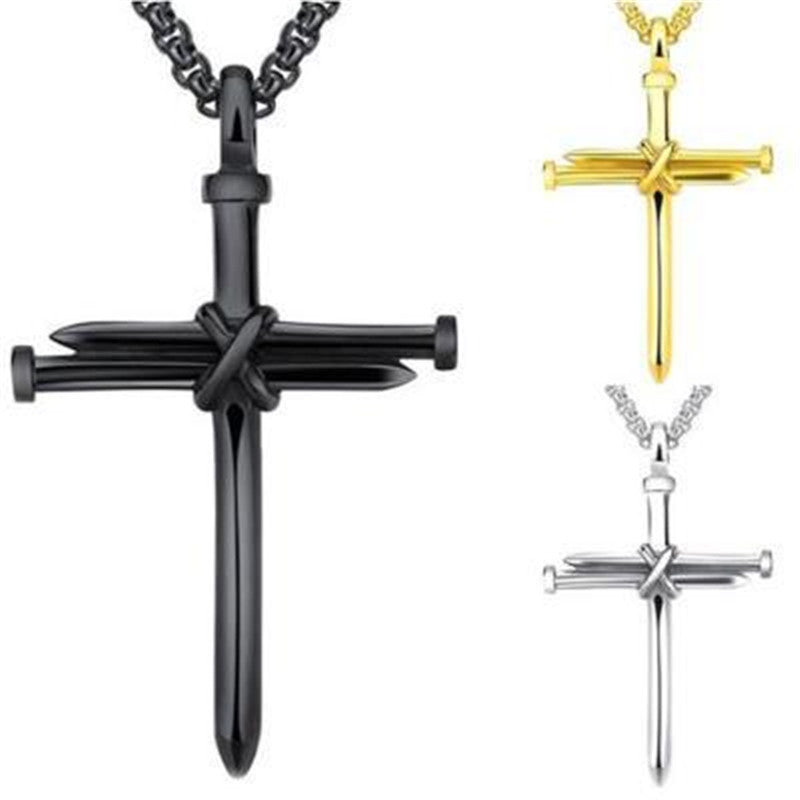 Steel Gold Black Color Fashion Mens Iron Nail Cross Pendant Necklace Stainless Steel 3mm Round Box Chain Jewelry Gift For Men - FASHIONKULTUR